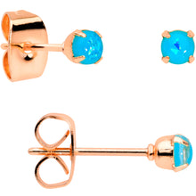 Load image into Gallery viewer, 20G Blue Faux Opal Rose Gold Tone 3mm 5mm Stud Earrings Set of 3
