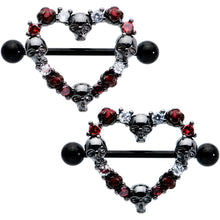 Load image into Gallery viewer, 14G 7/8 Red CZ Gem Black Skull Heart Halloween Nipple Shield Set
