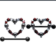 Load image into Gallery viewer, 14G 7/8 Red CZ Gem Black Skull Heart Halloween Nipple Shield Set

