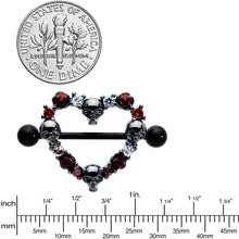 Load image into Gallery viewer, 14G 7/8 Red CZ Gem Black Skull Heart Halloween Nipple Shield Set
