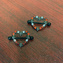 Load image into Gallery viewer, 14G 7/8 Red CZ Gem Black Skull Heart Halloween Nipple Shield Set
