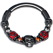 Load image into Gallery viewer, 16G 3/8 Red Clear CZ Gem Black Skull Halloween Hinged Segment Ring
