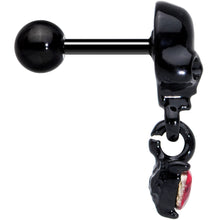 Load image into Gallery viewer, 16G 1/4 Red CZ Gem Heart Black Skull Halloween Cartilage Earring
