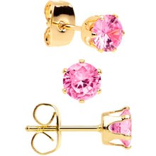 Load image into Gallery viewer, 20G Pink CZ Gem Gold Tone 3mm to 5mm Post Stud Earring Set of 3
