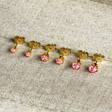 Load image into Gallery viewer, 20G Pink CZ Gem Gold Tone 3mm to 5mm Post Stud Earring Set of 3
