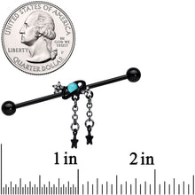 Load image into Gallery viewer, 14G Clear Blue Gem Black Saturn Stars Industrial Barbell 38mm
