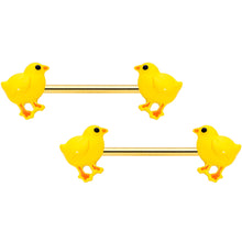 Load image into Gallery viewer, 14G 9/16 Gold Tone Yellow Easter Chick Barbell Nipple Ring Set
