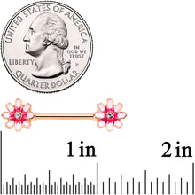 Load image into Gallery viewer, 14G 5/8 Clear Gem Rose Gold Tone Pink Flower Nipple Ring Set
