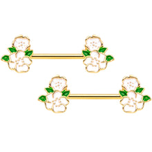 Load image into Gallery viewer, 14G 9/16 Gold Tone White Spring Flower Barbell Nipple Ring Set
