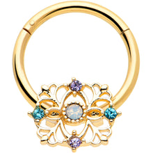 Load image into Gallery viewer, 16G 3/8 White Synthetic Opal Gold Tone Web Hinged Segment Ring
