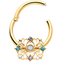 Load image into Gallery viewer, 16G 3/8 White Synthetic Opal Gold Tone Web Hinged Segment Ring

