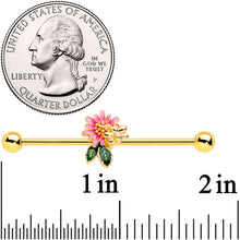 Load image into Gallery viewer, 14G Gold Tone Pink Flower Bee Industrial Barbell 38mm
