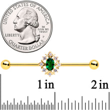 Load image into Gallery viewer, 14G Green Gem Gold Tone Oval Sunburst Industrial Barbell 38mm
