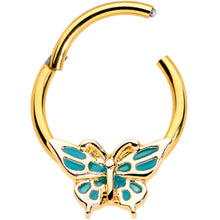 Load image into Gallery viewer, 16G 3/8 Gold Tone Green Inlay Butterfly Hinged Segment Ring
