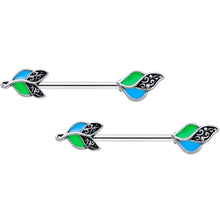 Load image into Gallery viewer, 14G 9/16 Filigree Blue Green Leaves Barbell Nipple Ring Set
