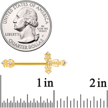 Load image into Gallery viewer, 14G 9/16 Clear CZ Gem Gold Tone Scrolling Cross Nipple Ring Set
