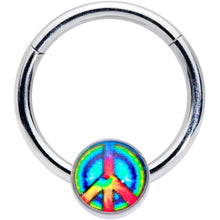 Load image into Gallery viewer, 16G 3/8 Rainbow Tie Dye Peace Sign Hinged Segment Ring
