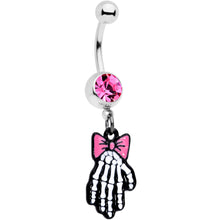 Load image into Gallery viewer, Pink Gem Skeleton Hand Bow Halloween Dangle Belly Ring
