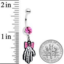 Load image into Gallery viewer, Pink Gem Skeleton Hand Bow Halloween Dangle Belly Ring
