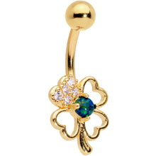 Load image into Gallery viewer, Green Synthetic Opal Gold Tone Shamrock St Patricks Day Belly Ring
