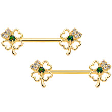 Load image into Gallery viewer, 14G 9/16 Green Synthetic Opal Gold Tone Shamrock Nipple Ring Set
