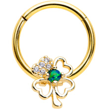 Load image into Gallery viewer, 16G 3/8 Green Synth Opal Gold Hue Shamrock Hinged Segment Ring
