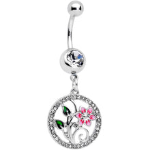 Load image into Gallery viewer, Clear Gem Pink Flower Circle Dangle Belly Ring
