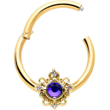 Load image into Gallery viewer, 16G 3/8 Purple Tourmaline Gold Tone Filigree Hinged Segment Ring
