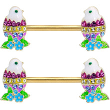 Load image into Gallery viewer, 14G 9/16 Clear Blue Gem Gold Tone Easter Chick Nipple Ring Set
