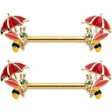 Load image into Gallery viewer, 14G 9/16 Gold Tone Rainy Day Umbrella Bee Barbell Nipple Ring Set

