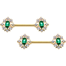 Load image into Gallery viewer, 14G 1/2 Clear Green Gem Gold Hue Art Deco Barbell Nipple Ring Set
