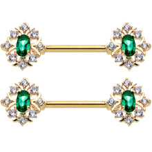 Load image into Gallery viewer, 14G 1/2 Clear Green Gem Gold Hue Art Deco Barbell Nipple Ring Set
