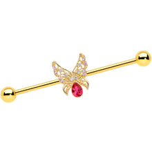 Load image into Gallery viewer, 14G Clear Red Gem Gold Hue Lacy Butterfly Industrial Barbell 38mm
