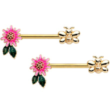 Load image into Gallery viewer, 14G 1/2 Gold Tone Pink Flower Bee Barbell Nipple Ring Set
