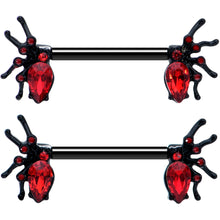 Load image into Gallery viewer, 14G Red Gem Black Creep Spider Halloween Barbell Nipple Ring Set

