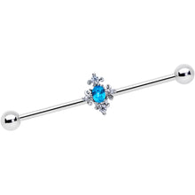 Load image into Gallery viewer, 14G Blue Gem Renaissance Cross Industrial Barbell 38mm

