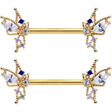 Load image into Gallery viewer, 14G 9/16 Clear CZ Gem Gold Tone Christmas Angel Nipple Ring Set
