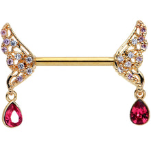 Load image into Gallery viewer, 14G 9/16 Red Gem Gold Tone Wing Dangle Barbell Nipple Ring Set
