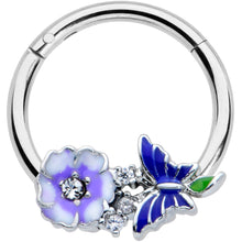 Load image into Gallery viewer, 16G 3/8 Clear CZ Gem Flower Blue Butterfly Hinged Segment Ring
