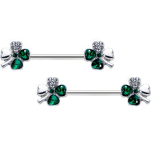 Load image into Gallery viewer, 14G 9/16 Clear Green Gem Shamrock St Patricks Day Nipple Ring Set
