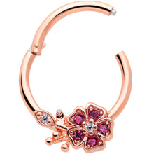 Load image into Gallery viewer, 16G 3/8 Pink Gem Rose Gold Tone Heart Flower Hinged Segment Ring

