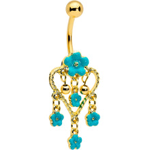 Load image into Gallery viewer, Gold Tone Blue Flowers Heart Dangle Belly Ring
