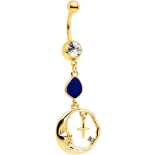 Load image into Gallery viewer, Clear Gem Gold Tone Blue Drop Moon Dangle Belly Ring
