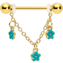 Load image into Gallery viewer, 14G 9/16 Gold Tone Blue Flowers Chain Dangle Nipple Ring Set
