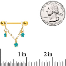 Load image into Gallery viewer, 14G 9/16 Gold Tone Blue Flowers Chain Dangle Nipple Ring Set
