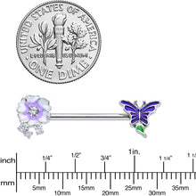 Load image into Gallery viewer, 14G 9/16 Clear CZ Gem Flower Blue Butterfly Nipple Ring Set
