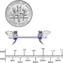 Load image into Gallery viewer, 14G 9/16 Purple Green Gem Dragonfly Barbell Nipple Ring Set
