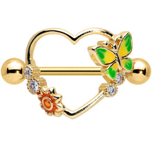 Load image into Gallery viewer, 14G 9/16 Clear CZ Gem Gold Tone Butterfly Heart Nipple Shield Set
