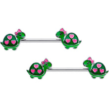 Load image into Gallery viewer, 14G 9/16 Green Pink Bow Heart Turtle Barbell Nipple Ring Set
