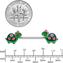 Load image into Gallery viewer, 14G 9/16 Green Pink Bow Heart Turtle Barbell Nipple Ring Set
